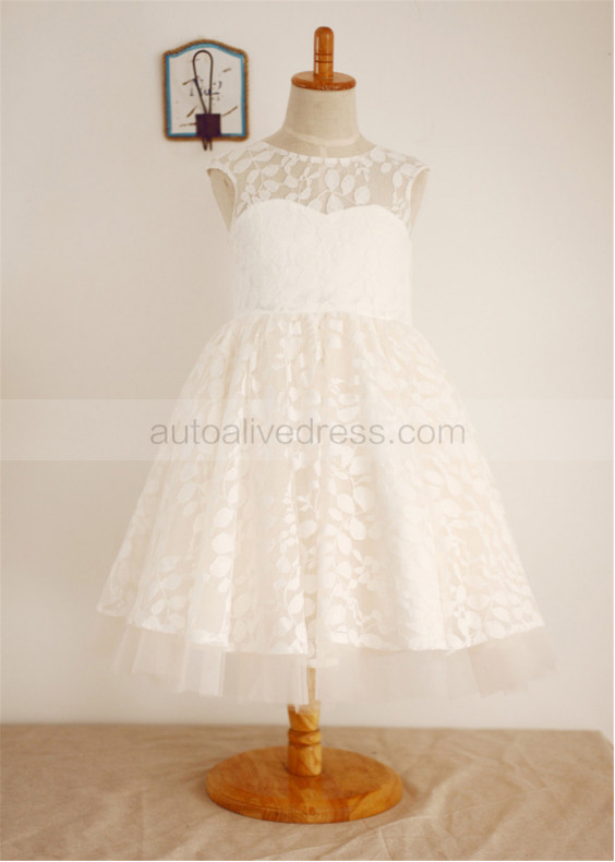 Ivory Lace Champagne Tulle V Back Sweet Rustic Flower Girl Dress